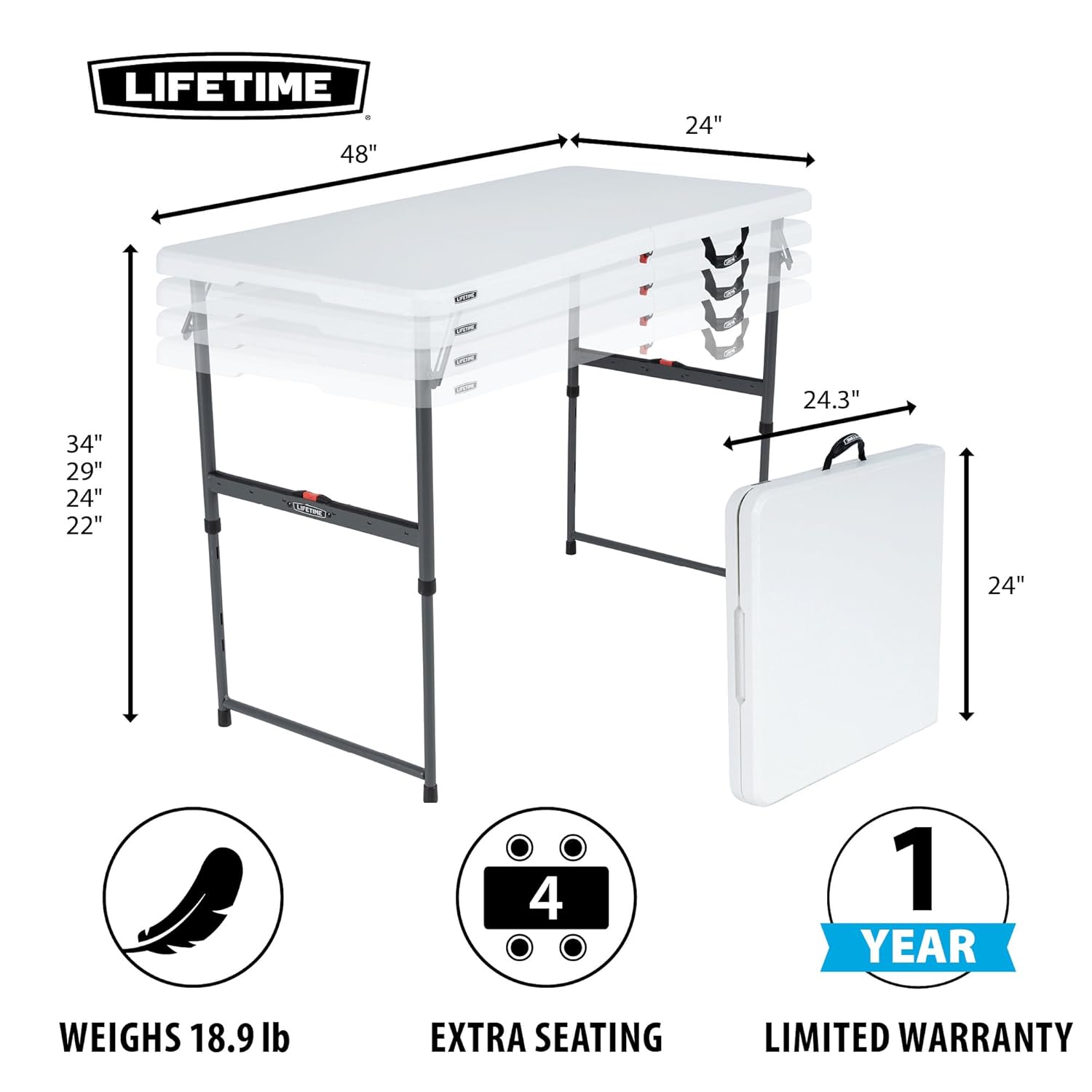Lifetime 4-Foot Fold-in-Half Adjustable Table (Essential)
